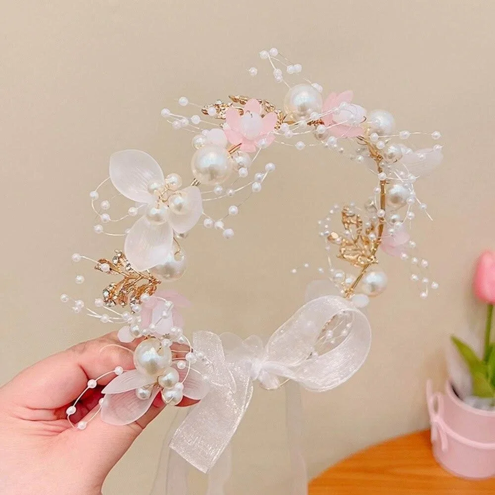 兒童皇冠頭紗髮箍 公主花環超仙髮箍 女童 冰雪公主 髮飾 生日禮物 花童 婚禮頭花 圓通寶飾 a04